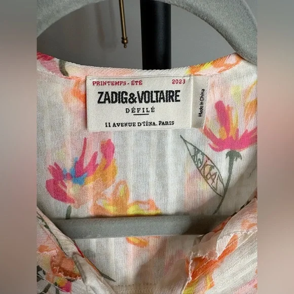 Zadig & Voltaire Cream Floral Pintuck Ruffle Long-Sleeve Dress - Picture 3 of 7